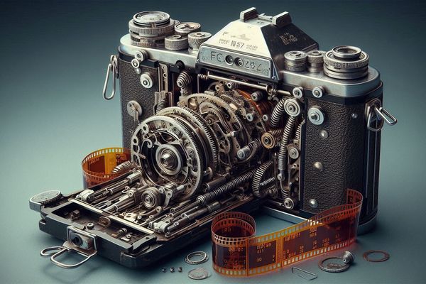 Microsoft image creator: dismantled photo camera.