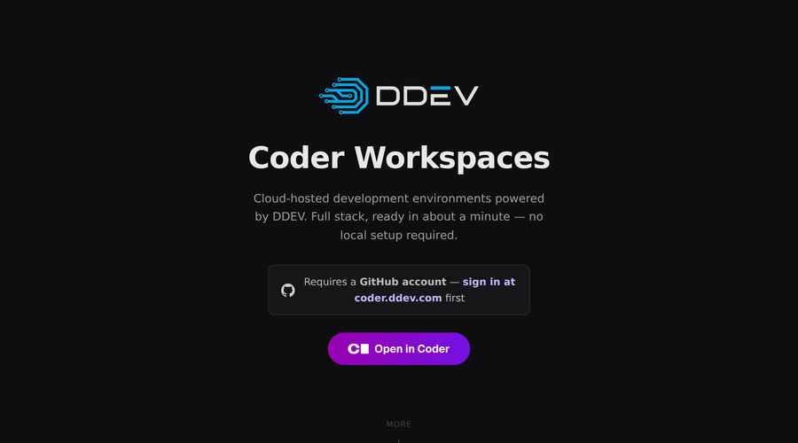 start.coder.ddev.com — Coder Workspaces landing page showing the DDEV logo and Open in Coder button